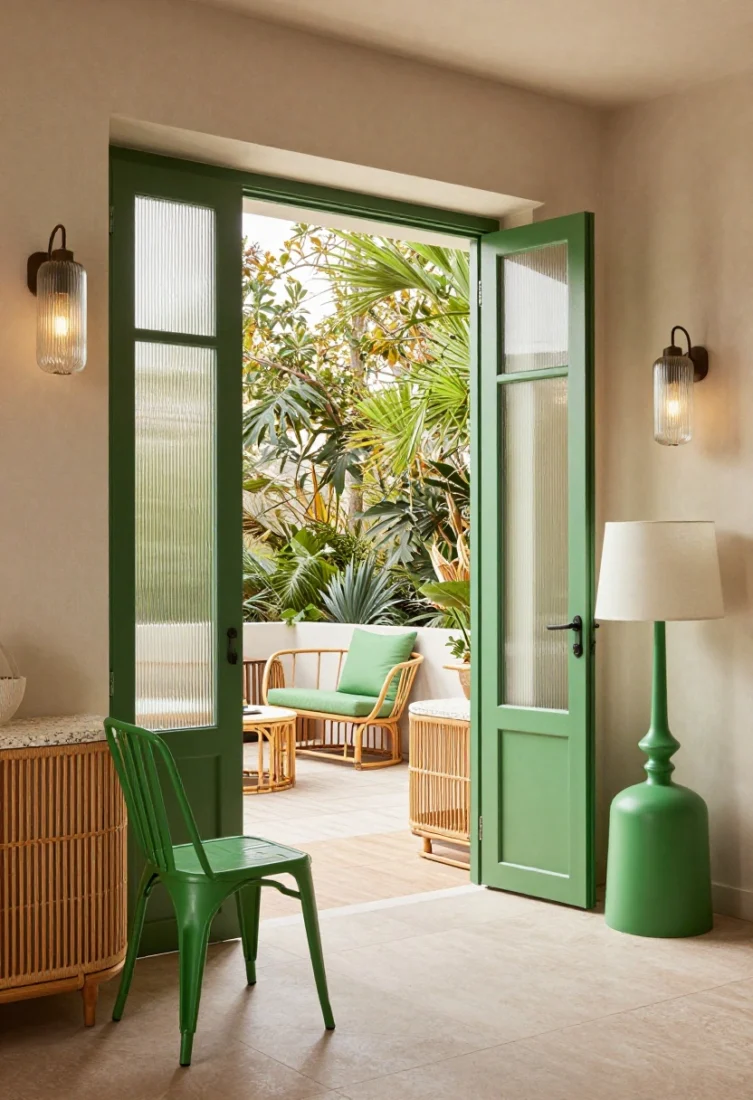 An indoor-outdoor threshold composition: terrace with UV-stable powder-coated apple green metal chairs and matching planters, seen through open doors; just inside, a cushion and lamp base in the same apple green note on a rattan-and-travertine styled console; linen textures, ribbed glass pendants or lantern-style sconces at the doorway; golden-hour light for visual continuity; angled medium-wide shot connecting spaces