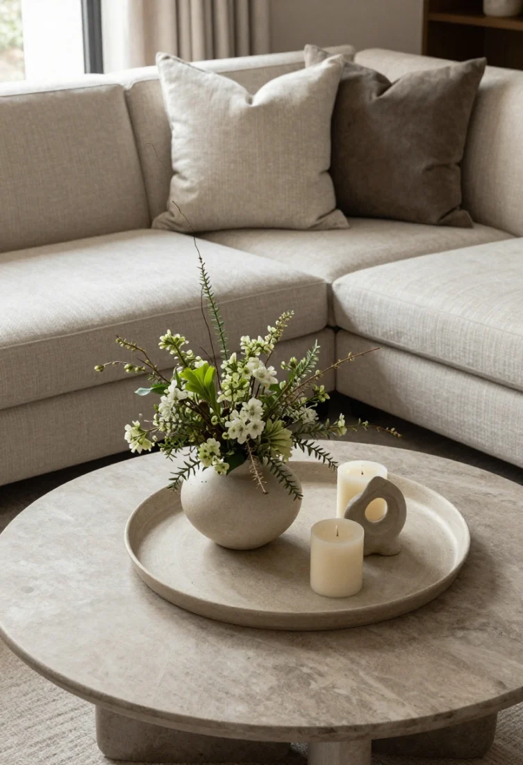 An overhead, detail shot of a coffee table styled with intent: a grounding tray holding a low floral/branch arrangement, a candle, and a small sculptural object; on the nearby sofa, two oversized pillows plus one lumbar in coordinated textures; shelves in the background grouped in odd numbers with negative space; remove one item to show edited luxury.