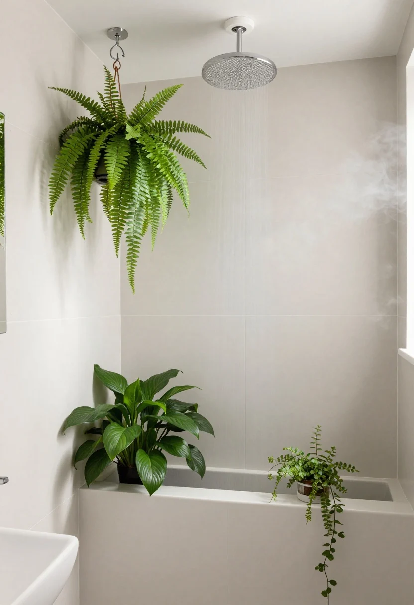 Bathroom medium shot with spa-like humidity vibe: matte tile, soft diffused daylight or warm vanity lighting; Boston fern, pothos, peace lily, and philodendron thriving; mini trailing plant perched on a shower shelf/caddy; a ceiling hook suspending a trailing plant in a corner to save counter space; optional grow bulbs in the vanity fixture for no-window scenario; chrome and white accents, fresh and steamy atmosphere.
