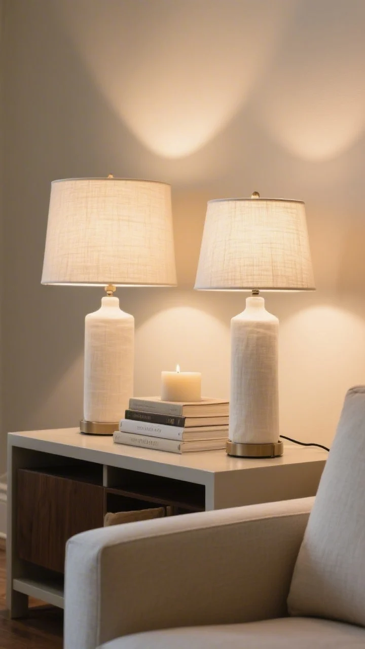 Closeup detail: A pair of table lamps styled symmetrically on a console behind a sofa—one with a linen drum shade casting even diffusion, the other with an empire shade directing more light downward onto a book stack, both in off-white/parchment fabric for a candlelit warmth. Highlight fabric texture (linen/cotton weave), tidy cord management, and the gentle gradient of warm light on the wall. Soft, photorealistic glow with no harsh hotspots.