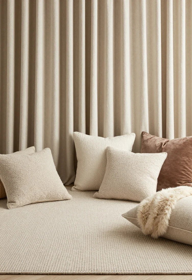 Closeup detail: Layered textiles that soften acoustics—overlapping a plush neutral rug with a smaller accent flatweave, floor-to-ceiling lined drapery mounted at the ceiling and just breaking on the floor, and a curated mix of textures: nubby boucle pillow, smooth velvet cushion, and a combed wool throw. Ripple-fold track keeps fabric tailored; warm lamplight grazes the weaves, reducing echo and adding tactile richness. Few, larger pillows for a composed luxury look.