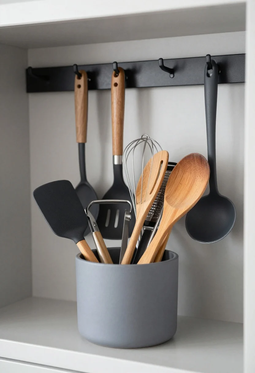 Closeup detail of a curated utensil capsule: a single weighted stoneware crock in a muted gray holding 8–10 essentials—tongs, silicone spatula, fish spatula, ladle, whisk, wooden spoon, microplane, peeler—handles coordinated in wood and matte black; background hint of a cabinet door with sleek adhesive hooks inside for odd-shaped tools; crisp, even daylight accentuates material contrasts; minimalist, pro-kitchen feel.