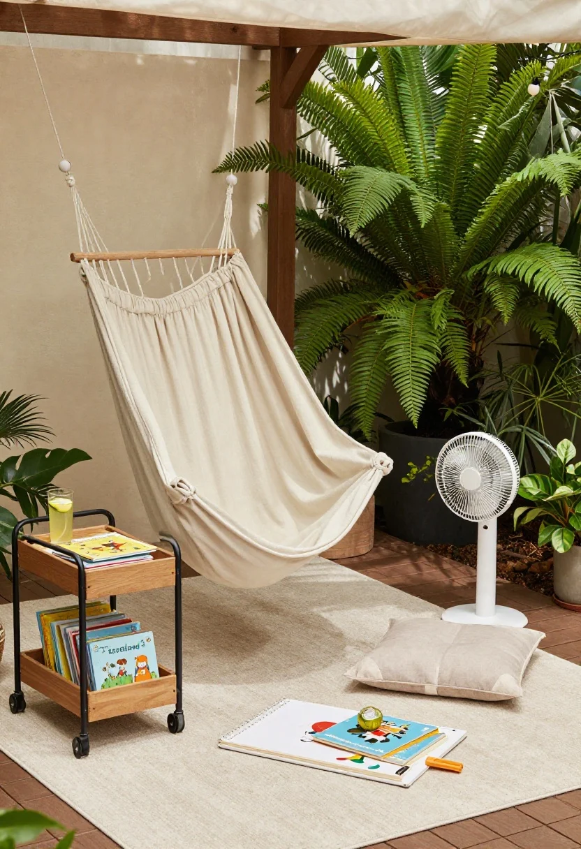 Closeup detail of a quiet corner: a hammock chair in neutral fabric hanging under a pergola’s dappled shade, outdoor rug beneath, and a slim rolling cart neatly stocked with children’s books, sketch pads, and art supplies. Small side table with a glass of lemonade, washable floor cushions in soft, outdoor-safe textiles, a clip-on fan on a pergola post, citronella candle, and subtle string lights overhead. Lush potted ferns frame the scene; calm, inviting mood.