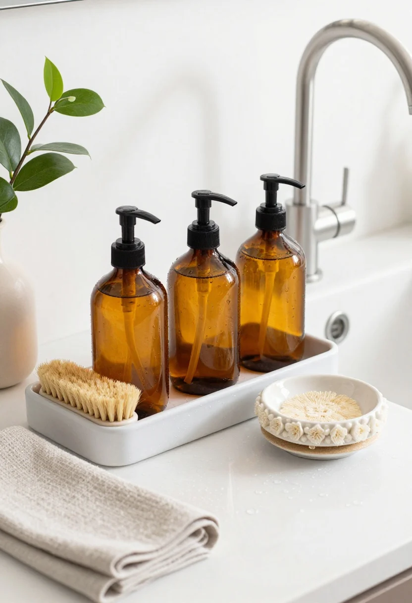 Closeup detail of an elevated sink zone: matching amber glass bottles with uniform pumps for dish and hand soap parked on a waterproof resin tray; a natural fiber dish brush, a chic ceramic scrubber dish, and a neatly folded neutral microfiber cloth; a tiny plant in a bud vase softens the scene; stainless faucet nearby, water droplets beading on the tray surface; bright, clean daylight for a boutique-hotel vibe.