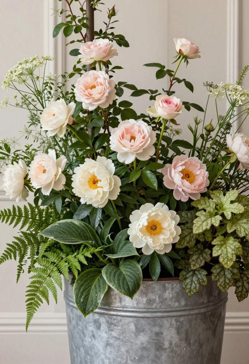 Closeup detail of heritage planting: English roses with cupped petals trained on a slender obelisk, pillowy peonies set forward against airy fillers (ammi, orlaya, dill flowers), grounded by architectural foliage (hosta, fern, heuchera); soft morning light catching dew and subtle patina on a nearby zinc planter; romantic yet elevated composition; no people.