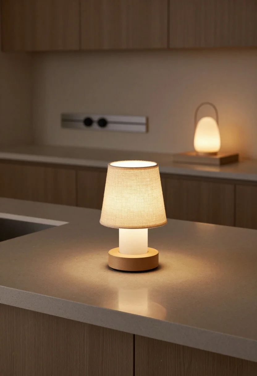 Closeup detail of sculptural countertop lighting: a petite mini lamp with a linen shade casting a warm 2700–3000K glow next to a coffee setup; in the background, a slim magnetic rechargeable light bar tucks under upper cabinets with no visible cords; a small sculptural lantern on a stone riser adds evening ambiance; reflective quartz subtly gleams; moody, cozy night-time lighting with soft pools of light and clean lines.