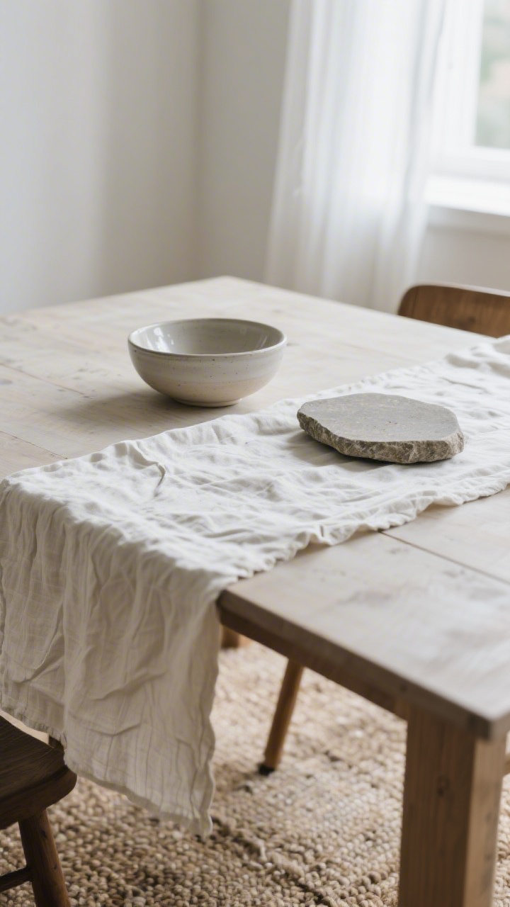 Closeup: Layered natural textures on a Scandinavian dining table—crinkled off-white linen runner, a matte glazed ceramic bowl, and a small stone serving platter—set above a glimpse of low-pile wool or jute rug; soft window light raking across surfaces to reveal weave, matte vs soft sheen contrast; minimal color, tactile warmth.