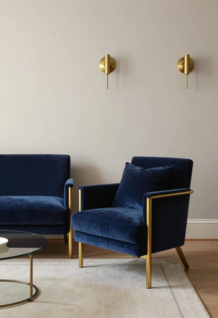 Closeup/medium vignette of an edited palette with one decisive accent: complex neutral walls in warm greige, repeated antique brass in lighting and hardware, and a single statement shade—midnight blue velvet on a slipper chair—echoed in two cushions and a slim rug border. Include polished nickel or blackened steel only if it’s the chosen single metal; maintain restraint and cohesion. Soft, controlled light that flatters textures; aspirational styling with minimal, high-quality pieces.