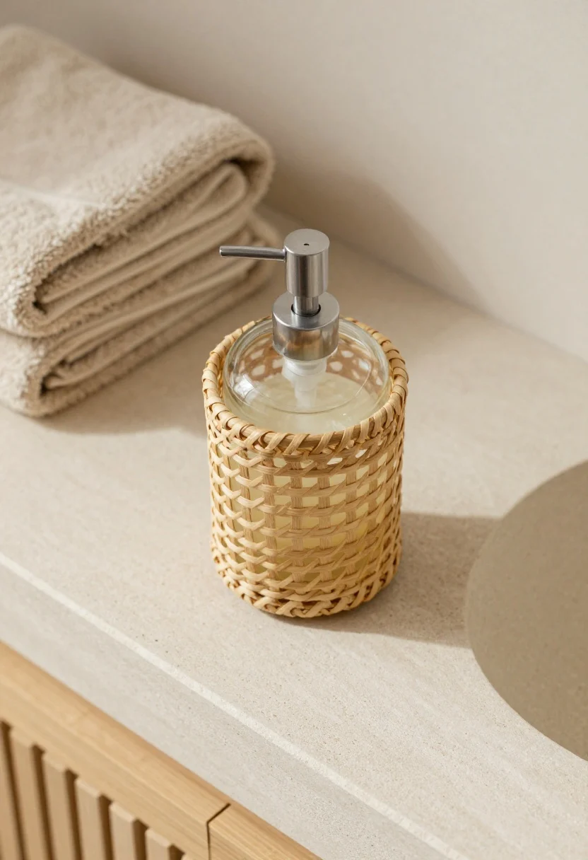 Closeup, overhead perspective: a rattan-wrapped glass soap dispenser with woven sleeve on a light stone vanity, soap inside kept pale/clear. Styled with oatmeal-colored hand towels and a teak bath mat edge visible below for coastal calm. Warm, soft daylight enhances the natural fiber warmth and weave texture without harsh shadows; photorealistic.