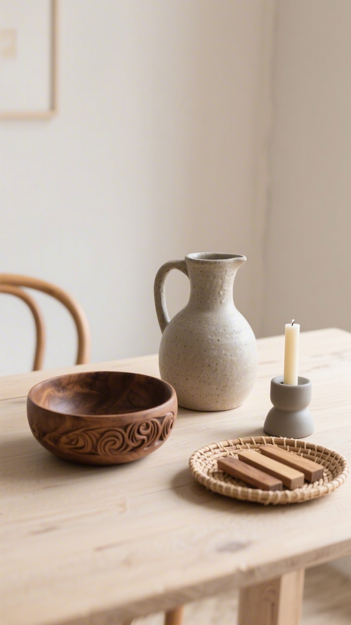 Closeup: Purposeful tabletop vignette of fewer, better pieces—a hand-thrown stoneware pitcher used as a water carafe, a carved wood bowl, a small woven tray holding wood trivets and a matte candle holder with unscented taper; arranged as a simple trio on a pale oak table; soft daylight emphasizing natural textures.