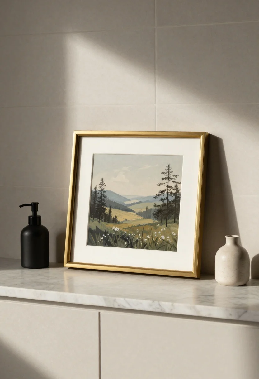 Closeup, straight-on composition of art on the counter: a small 8x10 thin brass-framed muted landscape leaning against the backsplash, perched on a petite marble pedestal to avoid splash; beside it a minimal black soap pump and a small vase; neutral counter and tile backdrop; soft morning light casting a gentle shadow behind the frame, emphasizing effortless personalization.