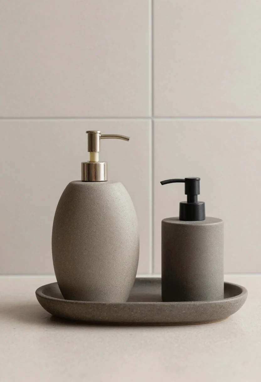 Closeup, straight-on view: a sculptural stoneware soap dispenser with a matte finish in greige, pebble-like silhouette and soft curves, paired with a matching matte stoneware toothbrush holder and a small catchall tray; earthy tones (greige, charcoal, clay accents) on a light bathroom counter. Neutral amber or clear liquid soap visible at the pump tip. Soft diffused natural light highlighting the matte texture and subtle shadows; minimal background tile that complements earth tones; no people, photorealistic.