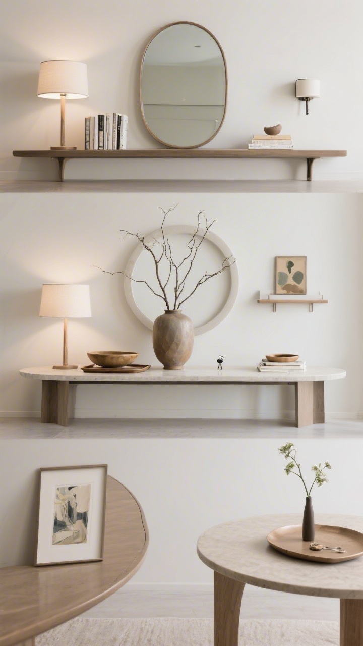 Compilation-style wide and medium shots showcasing styling by table type: - Console table: long, narrow console with one large mirror, a single lamp, and a centered tray for a clean, balanced look; alternate shows double lamps with a low bowl and layered art at center. - Round pedestal table: centered large vase with tall branches, surrounded by a circular vignette—sculptural bowl and 2–3 evenly spaced small book stacks. - Demilune: curved half-moon table with art leaning to follow the arc, plus one tall offset piece and a slim arc-matching tray with nothing overhanging. - Small wall shelf: minimal setup with a tiny bud vase, key dish, mini art, and a wall-mounted sconce above to add height without using surface space.