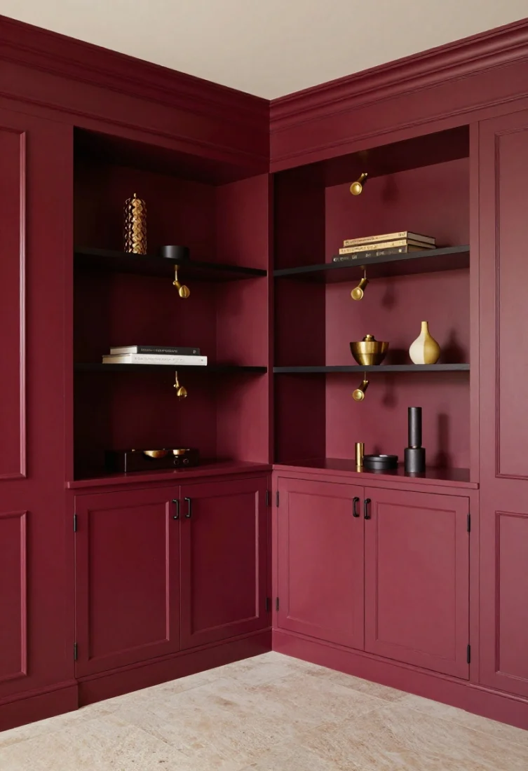 Corner angle: Built-in bookshelves and paneled walls drenched in a single saturated claret hue, with trim and doors a half-shade deeper in satin; integrated brass picture lights illuminating curated objects, honed stone plinth on the floor, blackened steel hardware; the color-drenched millwork forms a tailored envelope with luxurious depth.
