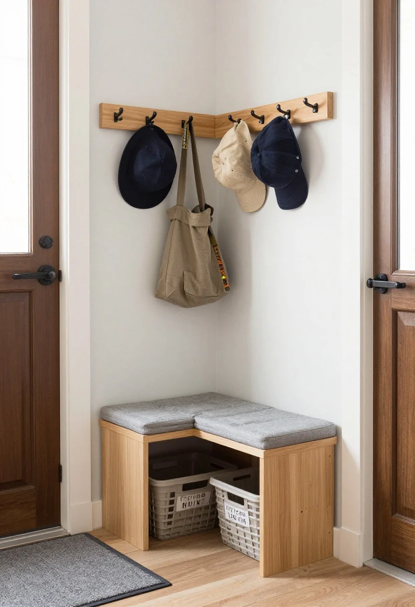 Corner-angle medium shot of a mini mudroom setup in an entry: a slim wooden peg rail with hooks holding hats, a bag, and a dog leash; a narrow bench (12–15 inches deep) with a wipeable seat cushion; labeled baskets tucked beneath; an indoor/outdoor washable floor mat at the door; bright, functional spring vibe, no people.