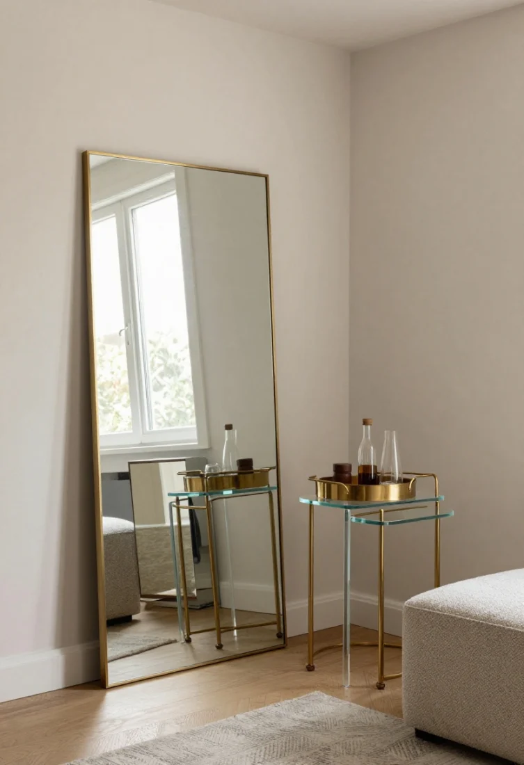 Corner angle medium shot: Reflective layering in a small living area—one large floor mirror with a thin brushed brass frame placed opposite a window to bounce natural light, a mirrored niche behind a bar cart that shimmers, and a clear glass nesting table maintaining sightlines. Metals are harmonized (brushed brass on lighting and table legs), tempered with matte plaster walls and a boucle ottoman. Add a brass tray to corral barware. Soft afternoon light, luxe editorial gloss without glare.