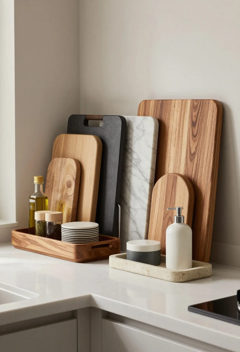 Corner-angle medium shot showing layered trays, boards, and a riser for dimension: 2–3 mixed wood and marble cutting boards leaned artfully against a backsplash to form a sculptural backdrop; a low stone riser elevates a pair of kitchen basics (olive oil and hand soap) to feel curated; nesting trays in mixed textures (larger tray holding a compact appliance, smaller one with a tidy spice set); white quartz counters, negative space beyond the single styled zone; warm, diffused ambient light.