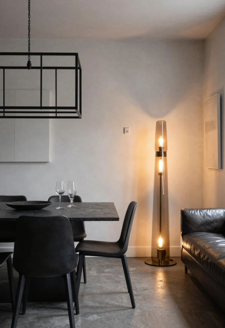 Corner angle of layered lighting with industrial bones and soft diffusion: a black cage pendant over a compact dining nook, a smoked glass floor lamp with warm glow near a leather sofa, and low-glow wall sconces flanking art; dimmers evident with 2200K–2700K bulbs sculpting texture on plaster walls and stone table; one oversize focal element—a hefty elongated floor lamp—anchors the composition; metals in blackened steel and aged brass, atmosphere luxe-grunge and editorial.