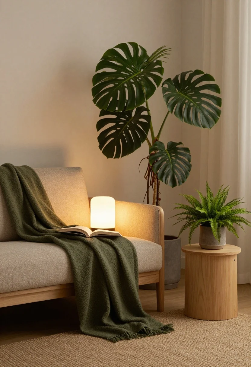 Cozy reading nook, medium close shot: a comfy armchair with an earthy green throw blanket, warm reading lamp casting ambient glow; big floor plant (monstera or parlor palm) beside the chair anchoring the corner; small side table with a mini fern or pilea; low-pile natural fiber rug beneath, light wood tones and soft neutrals; evening warmth, moody but clear; corner angle emphasizing intimacy.