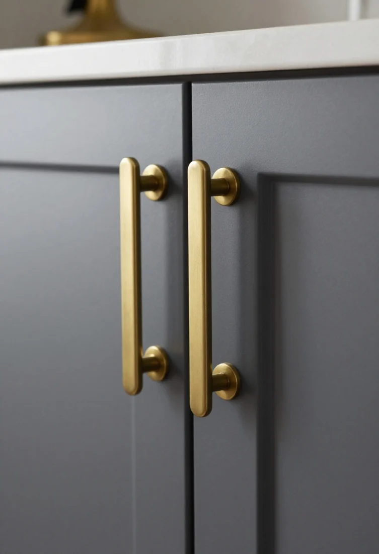 Detail close-up of cabinet hardware as jewelry: elongated burnished brass pulls on tall, matte charcoal doors, precisely aligned verticals; subtle reflection from a nearby brass-accent sconce and barstool footrest echoing the metal; crisp joinery and fine grain visible; premium, bespoke feel