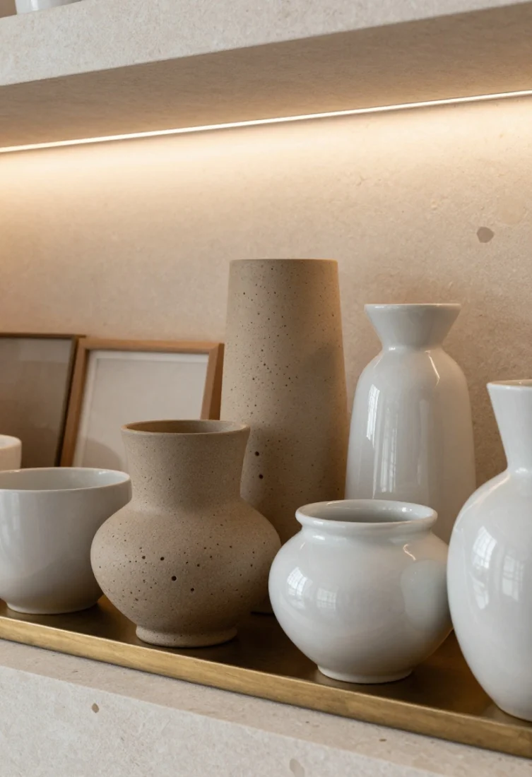 Detail closeup: A curated collection of ceramics and sculptural glass grouped on a travertine shelf; odd-number arrangement, varied heights, porous clay beside glossy glaze for tactile contrast; framed by empty space and contained on a bronze-edged tray, lit from above with a soft, warm cabinet light for an editorial, intentional display.