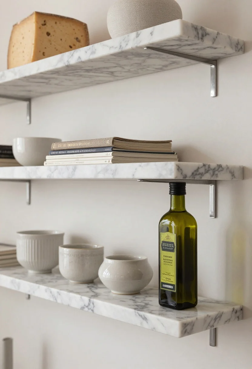 Detail closeup: Floating viola marble shelves mounted with concealed steel brackets, showcasing linen-wrapped cookbooks, handcrafted ceramics, and a small bottle of premium olive oil; styled with odd-number groupings and generous negative space; a viola marble cheese board echoes the stone; soft side lighting accentuates edges; no people.