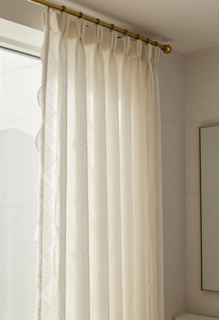 Detail closeup: Half-height lace or fine-gauge macramé curtain with a modern geometric motif mounted on a slim brass tension rod within a minimalist window. Intricate texture casts delicate shadows on honed tile. Everything else pared back—sleek sconces, unadorned mirror, neutral bath linens—so the textile reads curated and bespoke. Romantic yet refined.