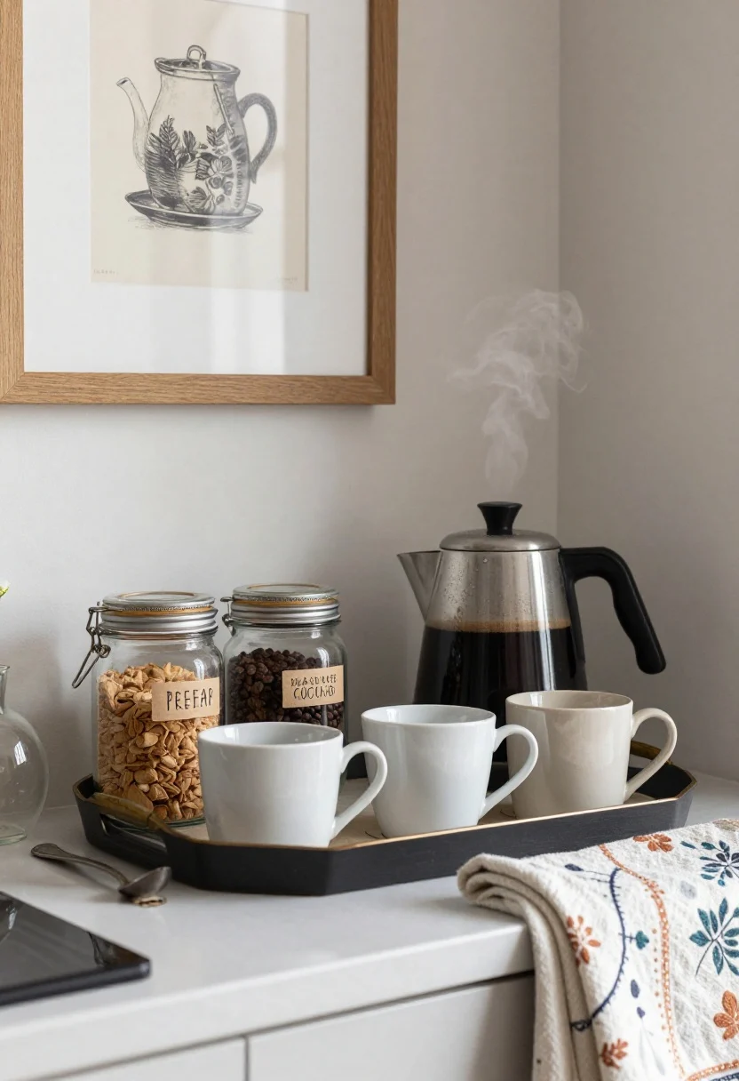 Detail closeup of a charming coffee/tea nook on a countertop: a pretty tray corralling mismatched mugs, glass jars with playful labels for beans, sugar, and cocoa, a vintage spoon rest, and a patterned tea towel; a petite art print on the wall and a small bud vase with a single stem; subtle steam from a kettle off-frame suggested by slight condensation on a jar; warm, cozy ambient lighting