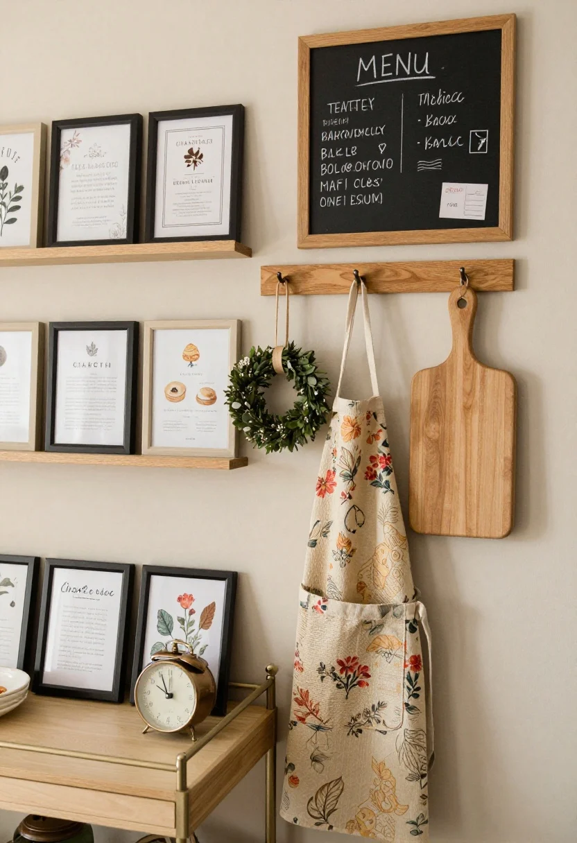 Detail closeup of a curated charm corner: a mini gallery slice above a bar cart with small framed recipe cards and floral prints, a simple hook rail displaying a floral apron, woven market bag, tiny wreath, and a petite cutting board; a chalkboard panel to the side with menu notes and a postcard; one conversation piece like a retro timer or hand-painted cookie jar on the cart; warm, cozy lighting, layered but uncluttered composition