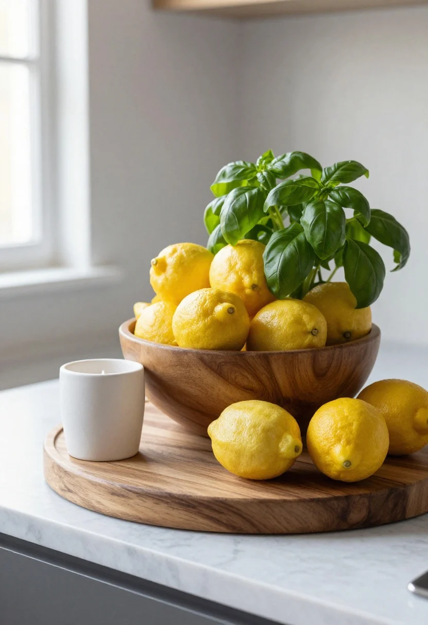 Detail closeup of a curated citrus-centric countertop vignette: a round warm wood board corraling a footed bowl piled with fresh lemons, a small basil plant for greenery, and one sculptural element like a matte ceramic lemon or petite candle; minimal three-to-four items, negative space around; soft morning light from a side window highlighting textures of wood, glossy fruit, and leafy greens; marble countertop subtly visible
