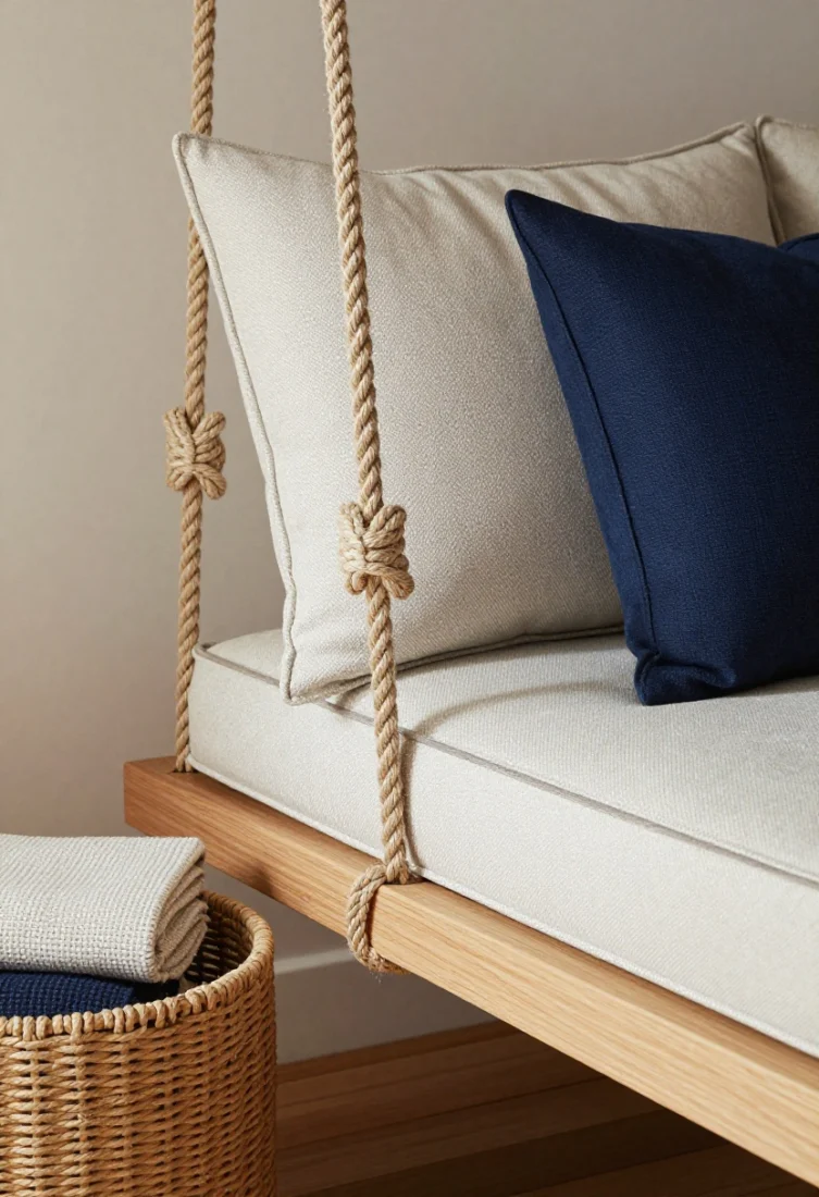 Detail closeup of a rope-hung, upholstery-forward swing: marine-grade rope descending in elegant verticals with decorative knots positioned just above arm height; tailored neutral upholstery in subtle herringbone with crisp piping; one accent pillow in bold navy adding a refined punctuation; a low-profile woven basket nearby holding folded throws; warm, soft evening light highlighting rope fibers and textile weave for a yacht club–level, luxe feel.