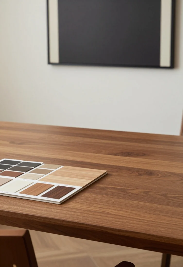 Detail closeup of a scale-correct composition: oversized millwork panel proportioned wider than the table, or a generous artwork filling at least two-thirds table width; dedicated picture light casting a soft wash to prevent the wall reading flat; color swatches and wood samples placed beside flooring to confirm undertone harmony; tabletop kept intentionally edited—no clutter—to model restraint; polished materials and precise spacing communicate confidence and high design.