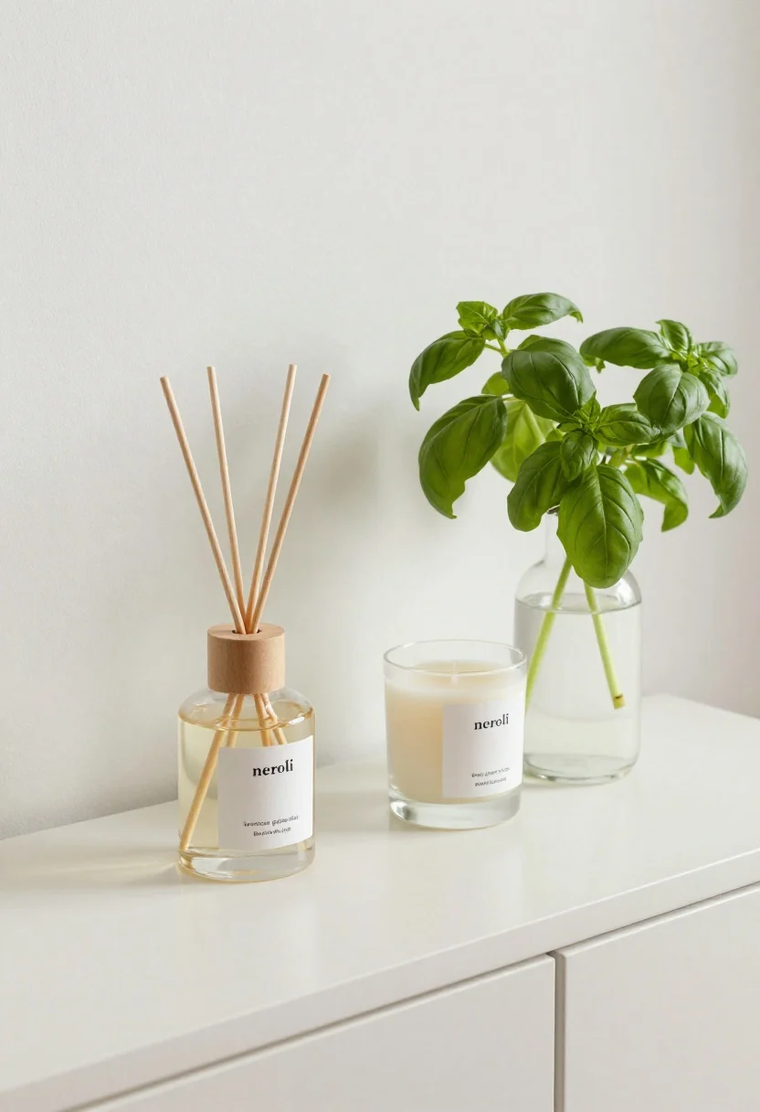 Detail closeup of a scent vignette on an entry console: a minimalist reed diffuser for baseline scent, a small candle beside it for occasion, and a tiny vase with fresh basil sprigs; labeled notes like neroli or grapefruit implied by packaging; placed away from direct sunlight and drafts near but not in window light; fresh, clean mood.