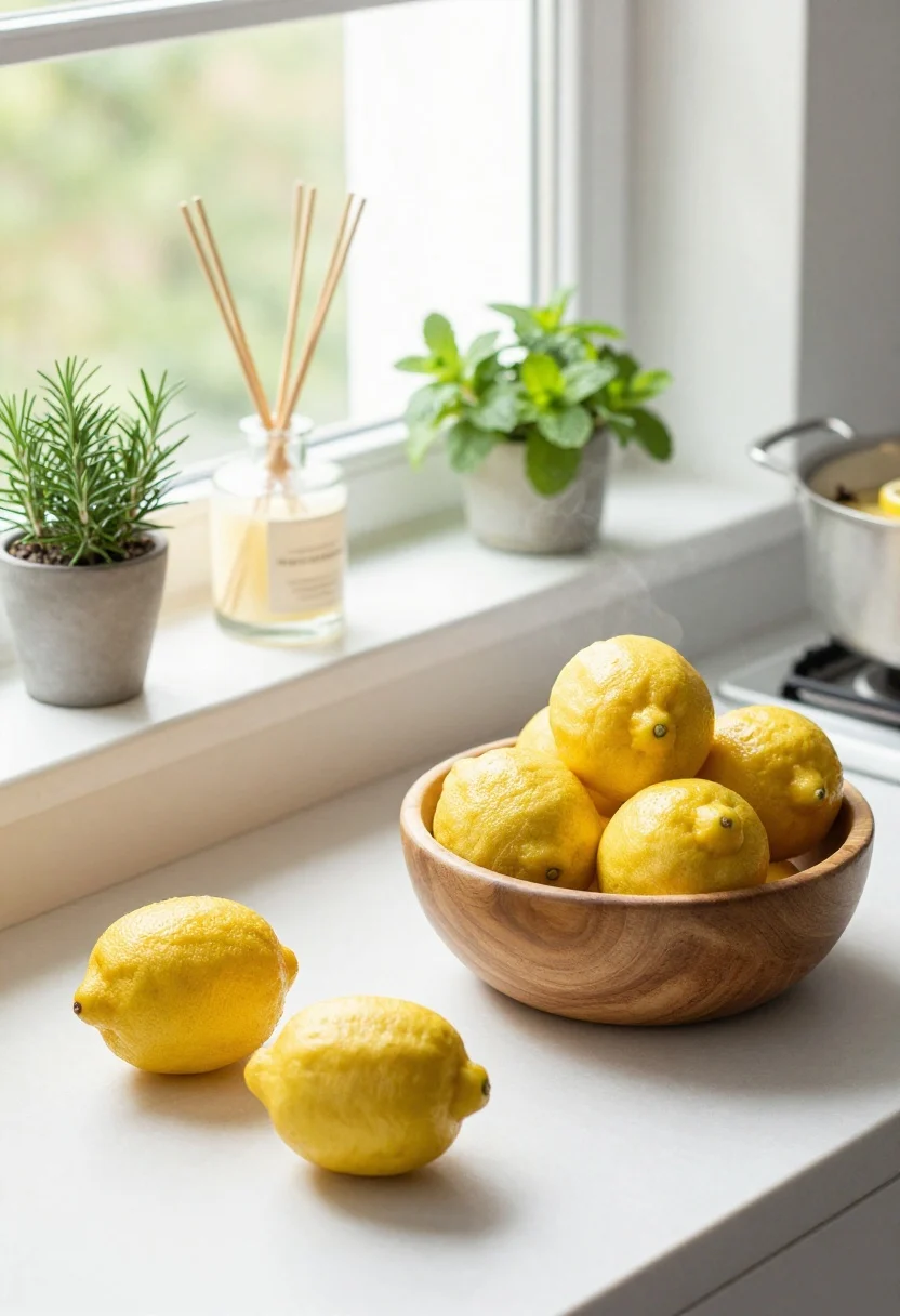 Detail closeup of fresh elements for weekly refresh: a ceramic or wooden bowl brimming with real Meyer lemons for warmer golden hue, small potted herbs (rosemary and mint) on a sunny windowsill, and a subtle citrus candle or reed diffuser nearby; a simmer pot on the stove with lemon slices, vanilla bean, and cloves steaming gently; natural daylight through the window, crisp and clean, no people present
