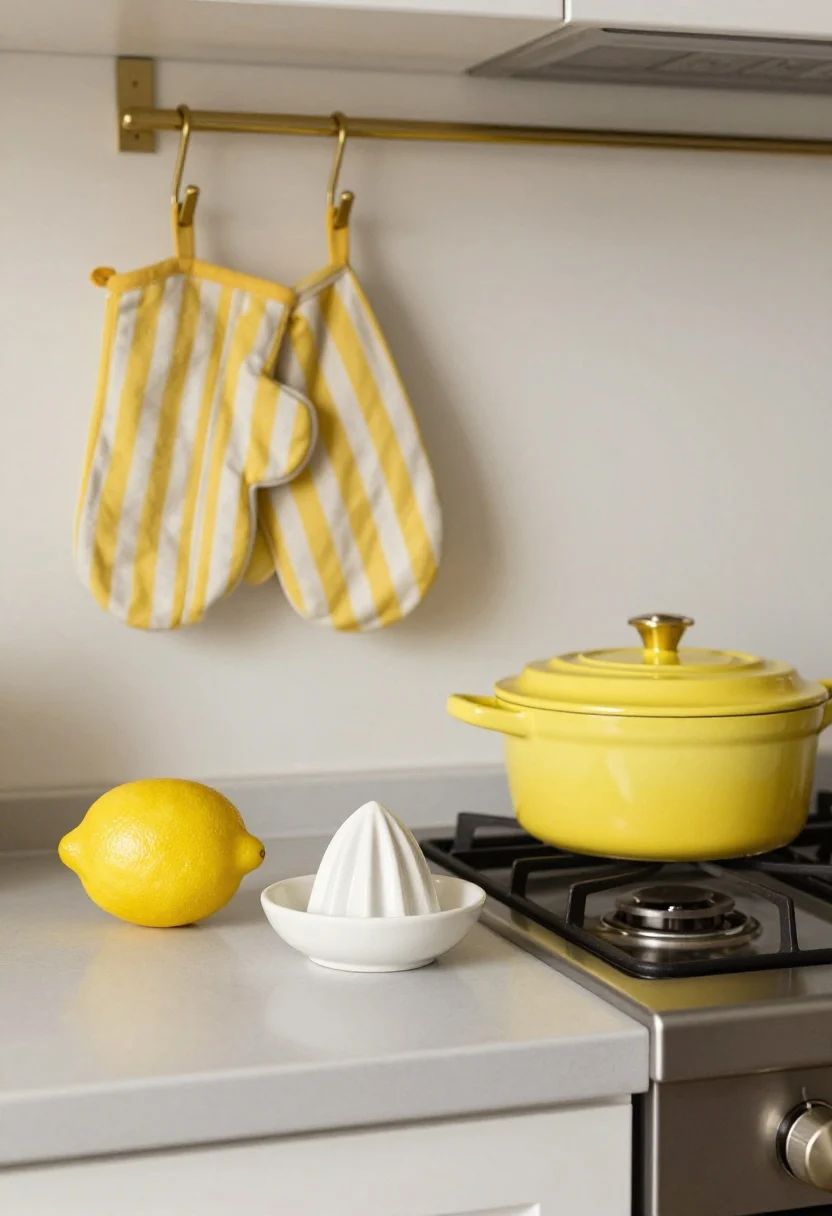 Detail closeup of functional lemon decor on a countertop: a ceramic lemon juicer front and center, a lemon-shaped salt cellar, a sunny yellow enamel Dutch oven resting on the stovetop like jewelry, and striped lemon oven mitts hanging from a brass hook; restrained composition with one bold yellow hero item and quieter accents; soft task lighting and a hint of under-cabinet glow for practicality