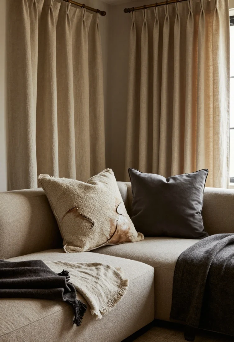 Detail closeup of luxe-grunge textiles: nubby bouclé pillow against imperfect, slightly distressed leather; a washed linen throw with frayed edge layered beneath a polished silk-trim cushion for “ruined meets refined”; brushed mohair draped over sofa arm, heavy canvas visible on an ottoman; bedroom corner visible with linen duvet and dark wool blanket folded hotel-style; floor-kissing heavy linen curtains on oil-rubbed bronze rod; warm, soft lighting emphasizing weight, drape, and tactile richness.