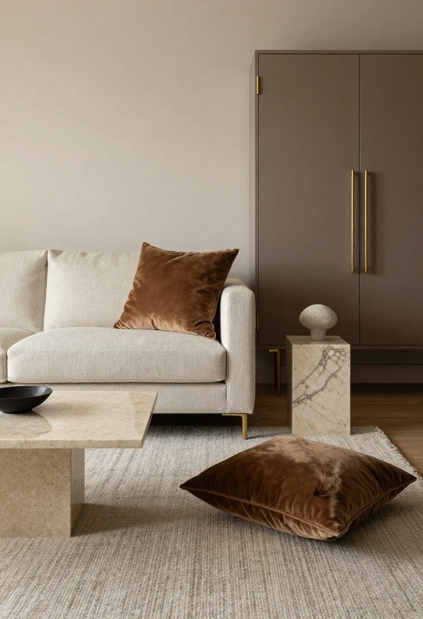 Detail closeup of quiet opulence through materials and texture: a hand-tufted wool rug in nuanced neutral under a thin-framed coffee table with honed travertine top; a bouclé cushion and a small mohair throw on a linen sofa; burnished brass hardware on a satin-finish cabinet in the background. Include a petite marble side table or travertine plinth with a single sculptural object. Mixed sheen levels—matte wall, satin cabinet, lustrous velvet cushion—captured in soft, directional light.