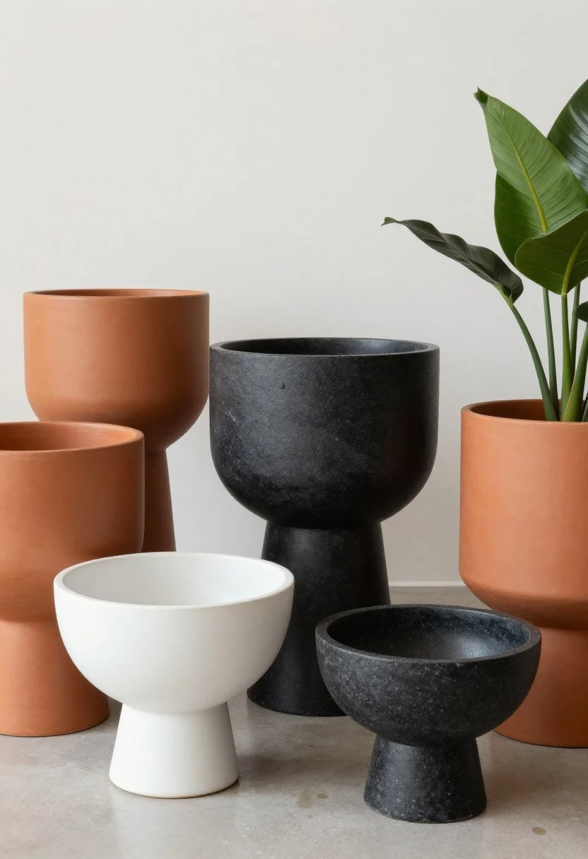 Detail closeup of sculptural pots arranged together: palette limited to terracotta, white ceramic, and black stone; varied forms including a pedestal planter, a footed bowl, and a simple cylinder; show proper right-size spacing around the root ball; subtle plant risers under floor pots to prevent water rings and add varied heights; soft side lighting highlighting textures and finishes; focus on material contrast and curated feel.