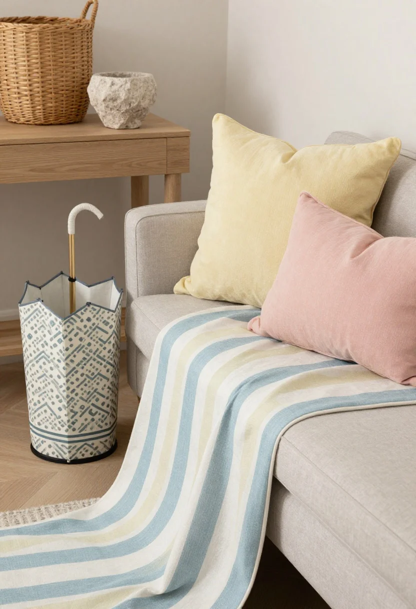 Detail closeup of soft spring color pops: sage, blush, butter yellow, and sky blue accents repeated in a striped runner, a patterned umbrella stand, and a small pillow on the bench; grounded by neutral oak console, rattan basket, and stone catchall; gentle daylight, cohesive palette, photorealistic textures.