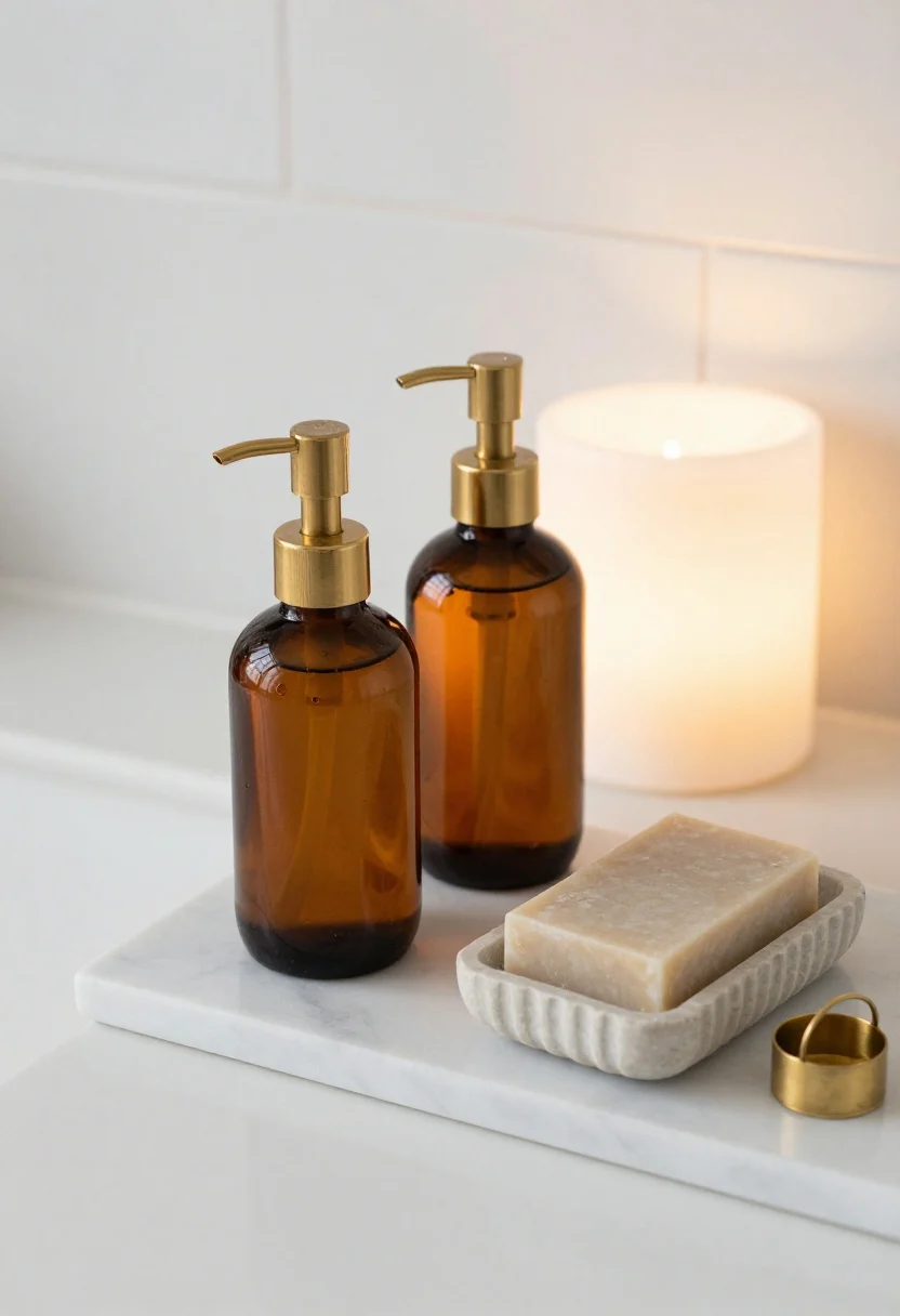 Detail closeup, overhead angle focusing on soap styling: a matched pair of amber glass pump bottles with brushed brass pump heads labeled soap and lotion, placed on a white marble coaster; nearby a ribbed stone bar soap dish holding a rectangular bar, plus a small matching brass catchall with a ring; cool white tile backsplash, warm lamp-like glow from the side for luxe warmth, crisp and uncluttered.