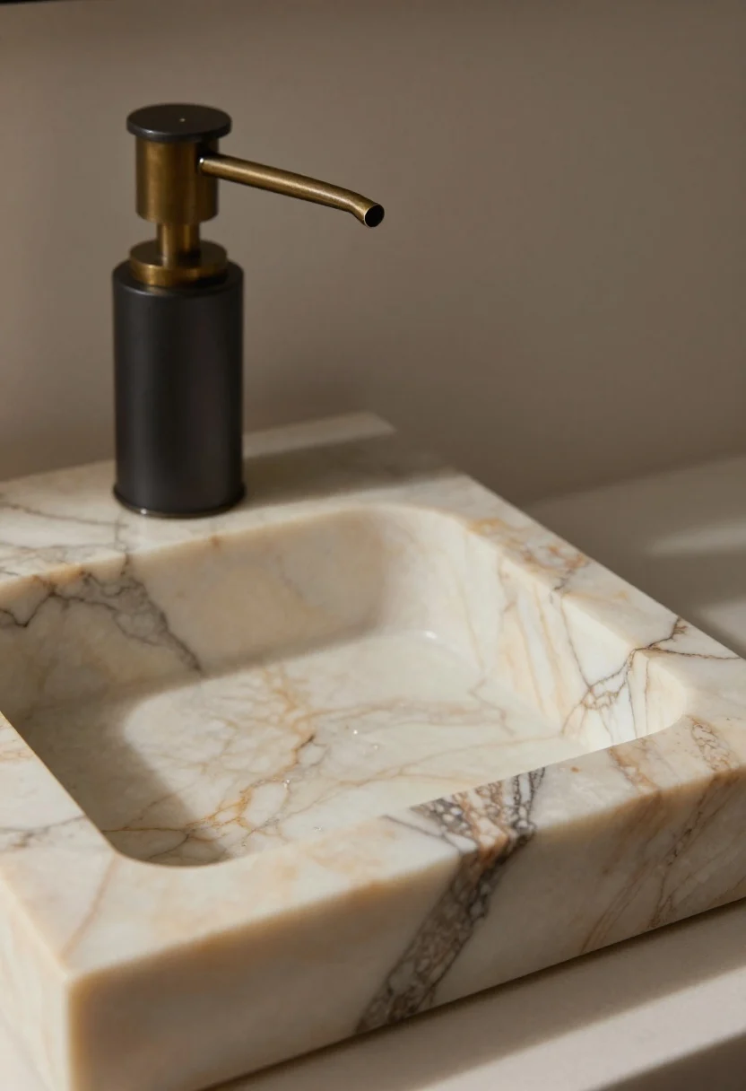 Detail closeup, raking light: a marble or onyx soap dispenser with dramatic natural veining, paired with a matching stone tray that catches drips. Pump in brass or matte black nearby hardware echoing the finish. Minimal accessories so the stone is the star; luxe mood with directional light accentuating veining depth and translucency; photorealistic.