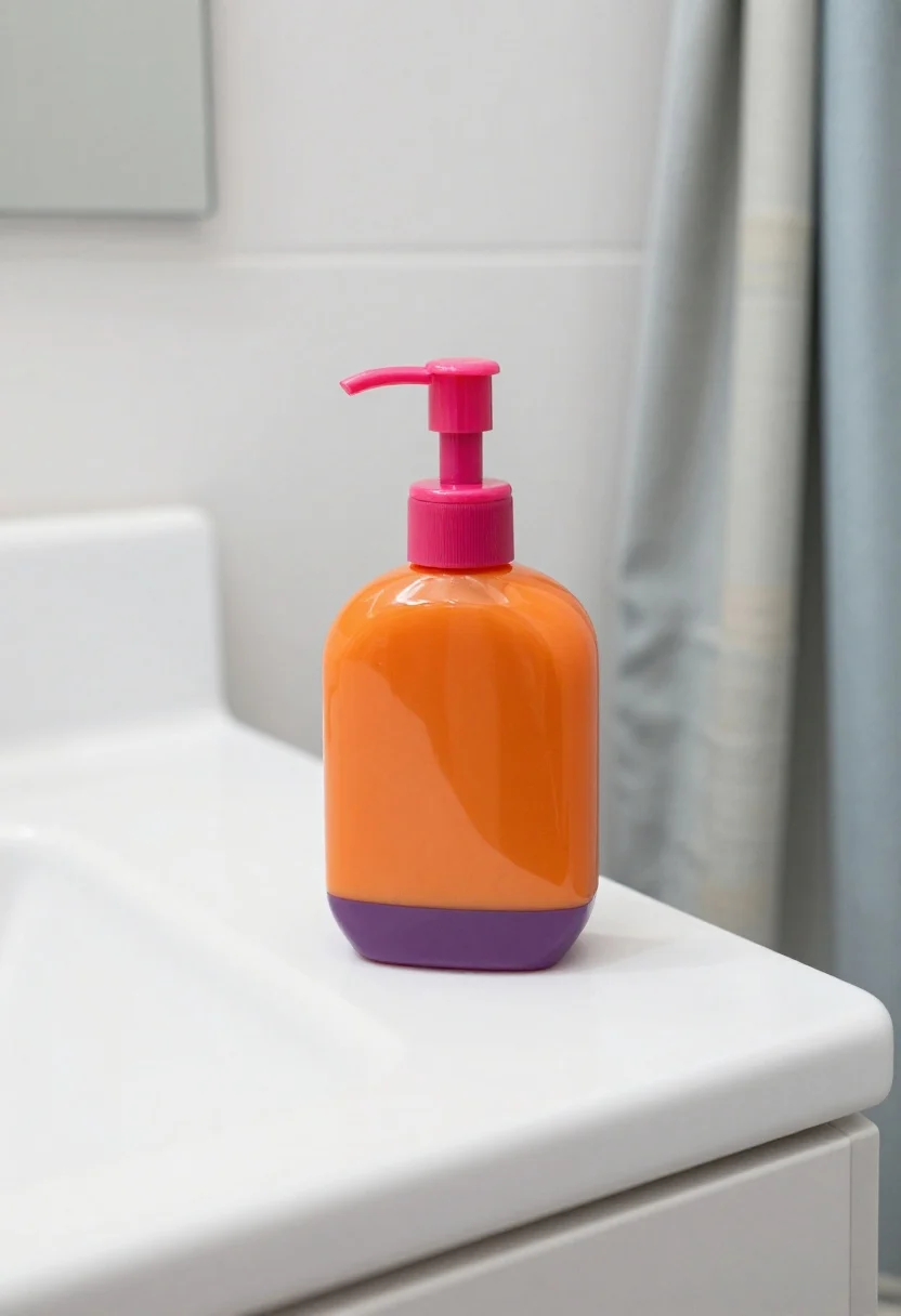Detail closeup, straight-on: a color-blocked acrylic soap dispenser in bold complementary tones placed on a white bathroom counter. Nearby hints of a shower curtain stripe and a bath mat echo the same palette. High-gloss, wipeable surface with crisp edges; playful, modern pop under bright even lighting that enhances saturated colors; photorealistic.