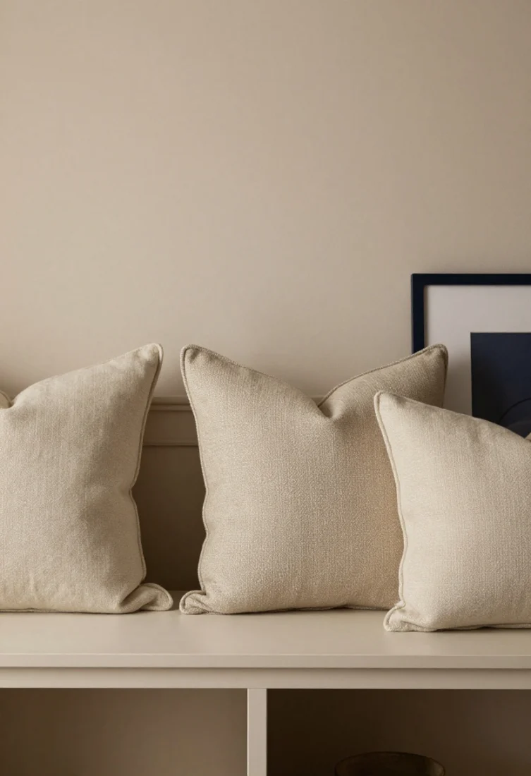 Detail closeup, straight-on: A tonal palette composition of creams, warm taupes, and soft olive captured on a nightstand and wall junction—matte painted wall with eggshell trim half-shade deeper, linen lampshade beside a bouclé pillow and ceramic accessory; micro-check accent on a pillow edge, subtle inky navy picture frame as the single rich accent; premium materials with restrained contrast and textural richness.
