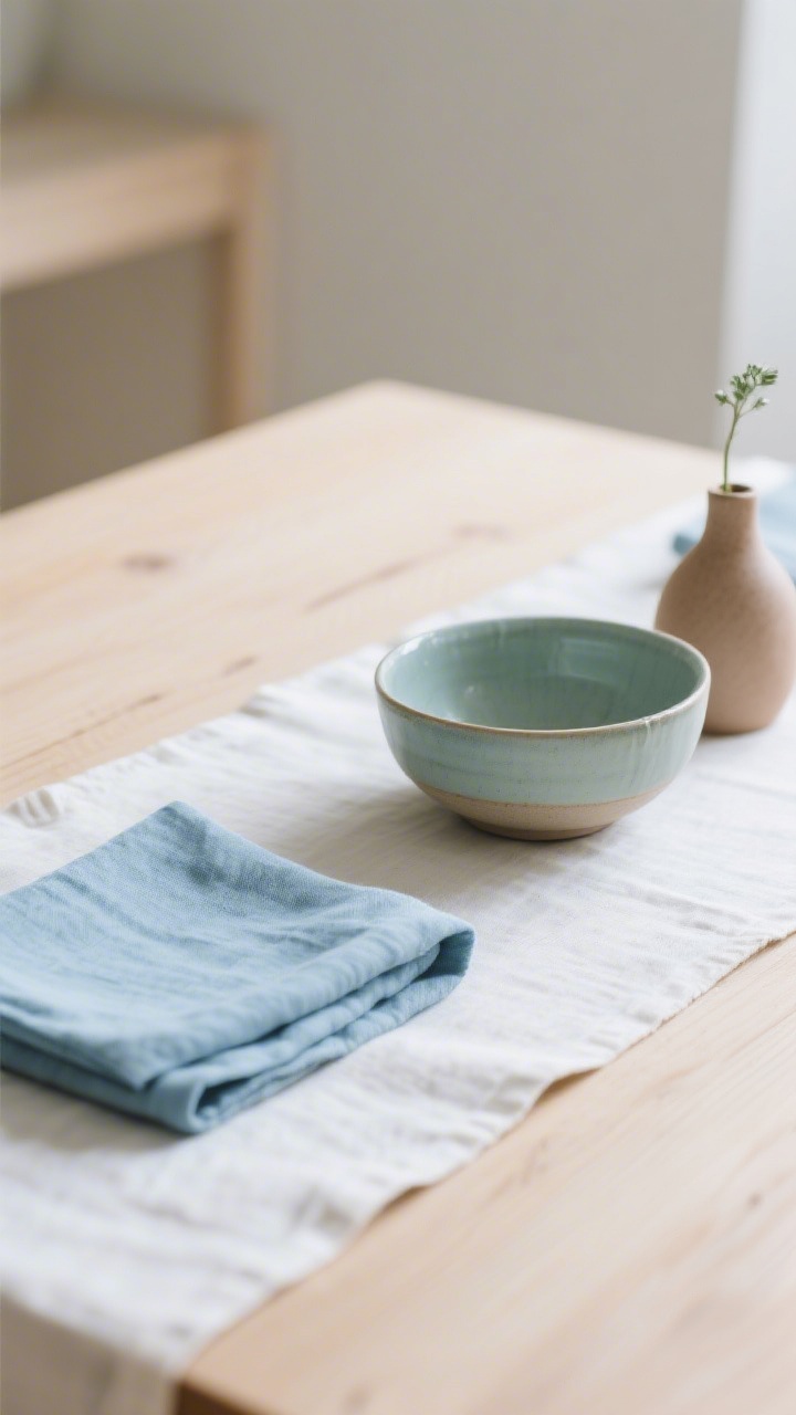 Detail/closeup: Subtle Scandinavian color accents—powder blue linen napkins, a pale sage glazed ceramic bowl, and a muted clay-toned bud vase—layered on a warm white linen runner atop a pale beech table; low-saturation hues repeated lightly; soft natural light emphasizing gentle color whispers.