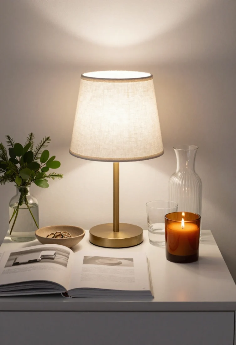 Detail closeup, tabletop overhead: Edited nightstand surface styled, not stuffed—single linen-shaded lamp, a small bud vase with fresh greenery, a ribbed glass carafe with tumbler, one closed book; a shallow bowl for rings and a lidded box concealing chargers; negative space intentionally left for visual calm; candle in signature amber/cedar scent; immaculate, luxe composition.