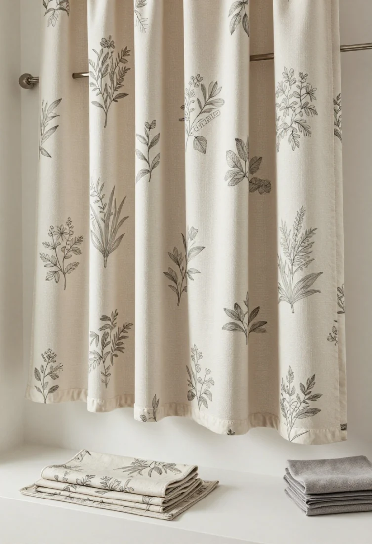 Detail closeup: Tailored pinch-pleat cotton panel in a small-scale muted botanical print, hung on a slim double rod with a sheer layer behind. Cotton sateen for a crisp hand, elegant pleats, and precise hem just above the sill. Accent hue from the print echoed in a folded bath mat and neatly stacked hand towels nearby. Metal finishes kept simple for balance; premium editorial styling.