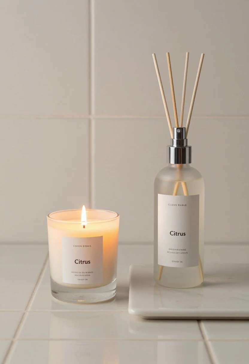 Detail closeup, three-part scent story: a clear reed diffuser as the base note, a lit candle for highlight, and a matte glass room spray labeled “Citrus” for quick reset; all in the same fragrance family with subtle label design; arranged neatly on a small tray; gentle evening light with candle glow reflecting in tile for a refined, fresh ambiance.