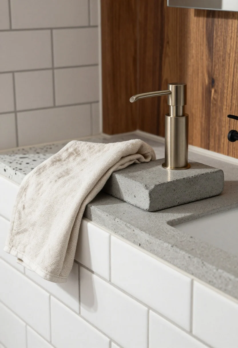 Detail closeup, three-quarter angle: a concrete soap dispenser with slate-like texture on a white subway tile counter, paired with black hardware in the background and a hint of terrazzo surface nearby. A linen hand towel in oatmeal draped beside it. Pump in brushed nickel or gunmetal, tones cohesive. Side lighting raking across the concrete to emphasize texture and contrast with warm wood accent; photorealistic.