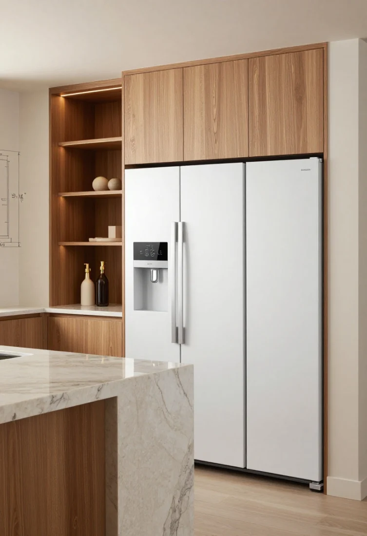 Detail composite-style closeup reflecting the FAQ guidance: a counter-depth panel-ready refrigerator neatly grouped with tall pantry units at one end; labeled dimensions sketch lightly implied on the wall showing a 10–14 ft run; warm LEDs highlighting fluted wood, honed stone, and brass accents to avoid a utilitarian feel; photoreal, instructive yet luxe atmosphere