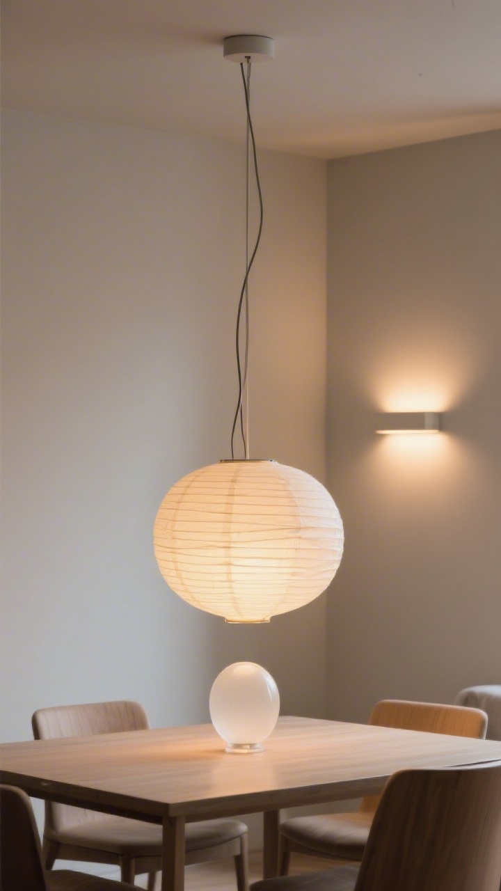 Detail/medium shot: A low-hung sculptural pendant over a dining table—choose either a large paper lantern or an opal glass globe—casting a cozy, dimmable halo; warm LED glow at 2700–3000K; subtle supplementary wall light in the background for balance; photographed straight-on to show the pendant height and gentle silhouette, cords neat and minimal.